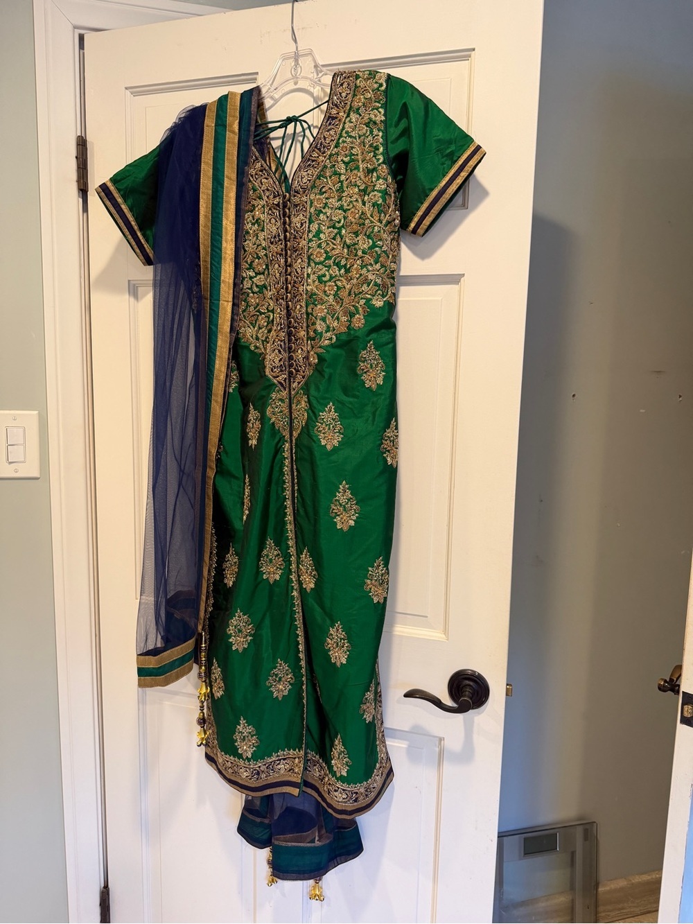 3 piece Embroidered Green and Gold Salwar Kameez with Navy Dupatta